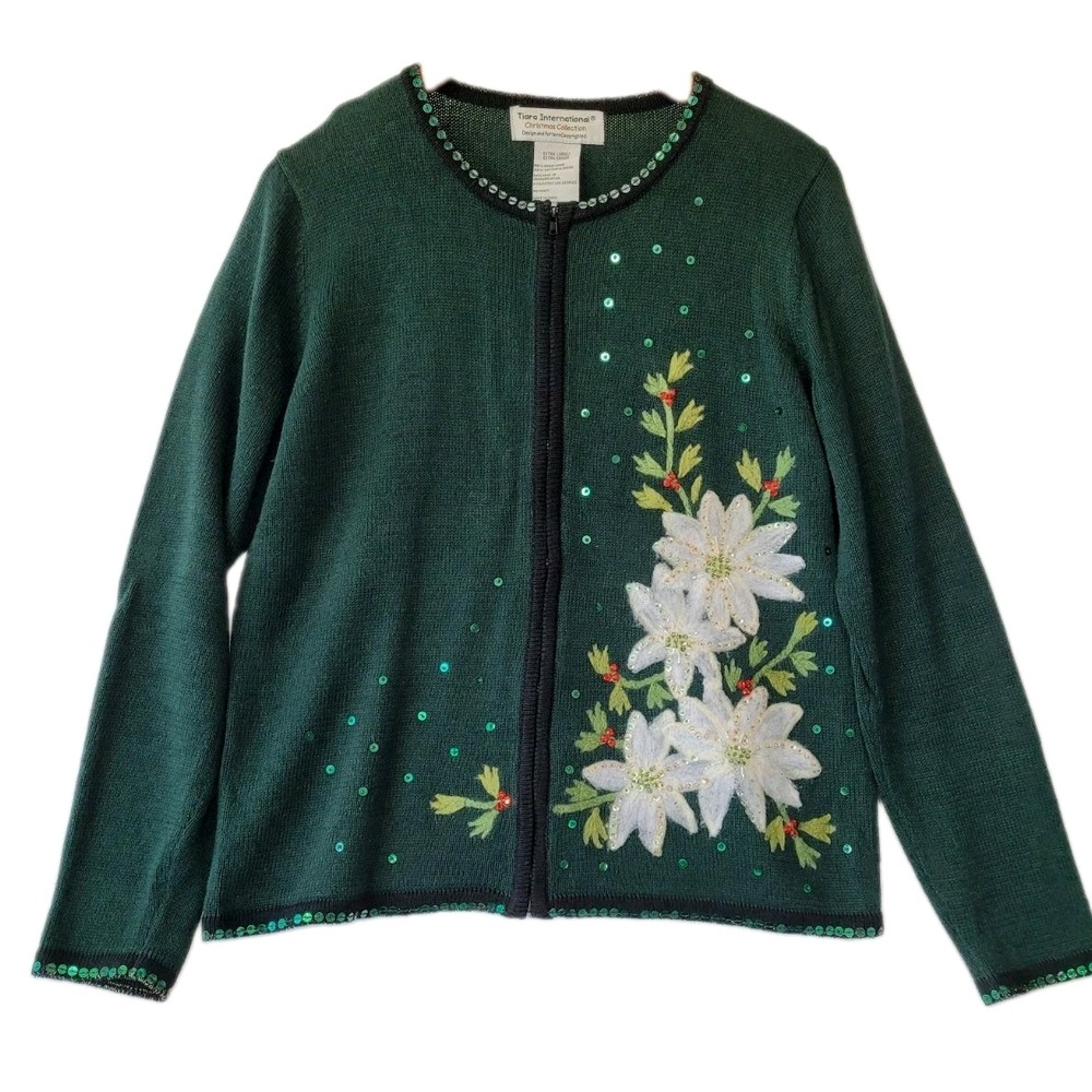 VTG 90s Tiara International Christmas Cardigan Sweater Womens XL Poinsettia